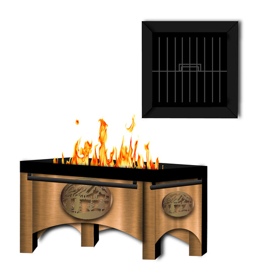 24" Height x 36" Width x 36" Depth - Ornamental Fire Pit & Grill With Cut Out Laser Mountain Picture Panel