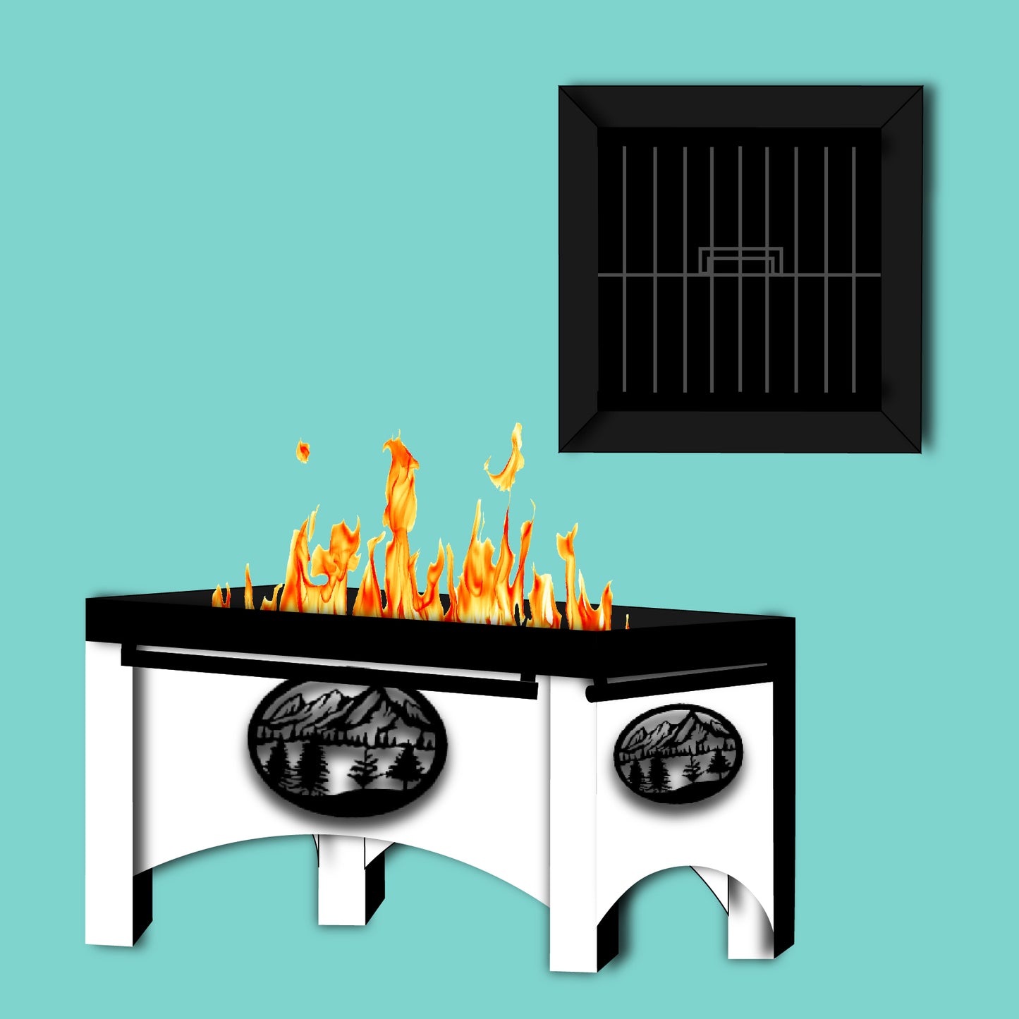 24" Height x 36" Width x 36" Depth - Ornamental Fire Pit & Grill With Cut Out Laser Mountain Picture Panel