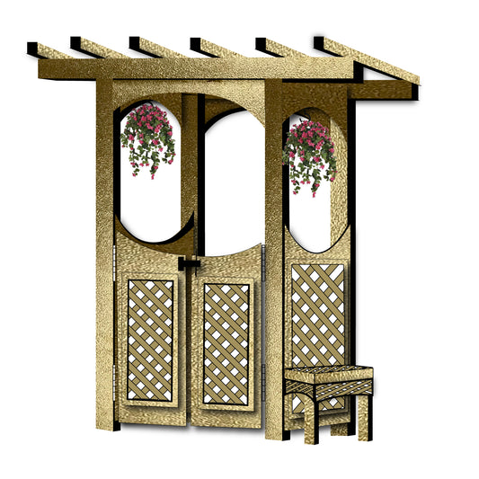 87" Height x 44" Width x 26" Depth Aluminum Garden Arbor & Plant Holder With Cut Out Laser Picture Panel (Lattice Pattern) -Gates And Benches Are Optional .