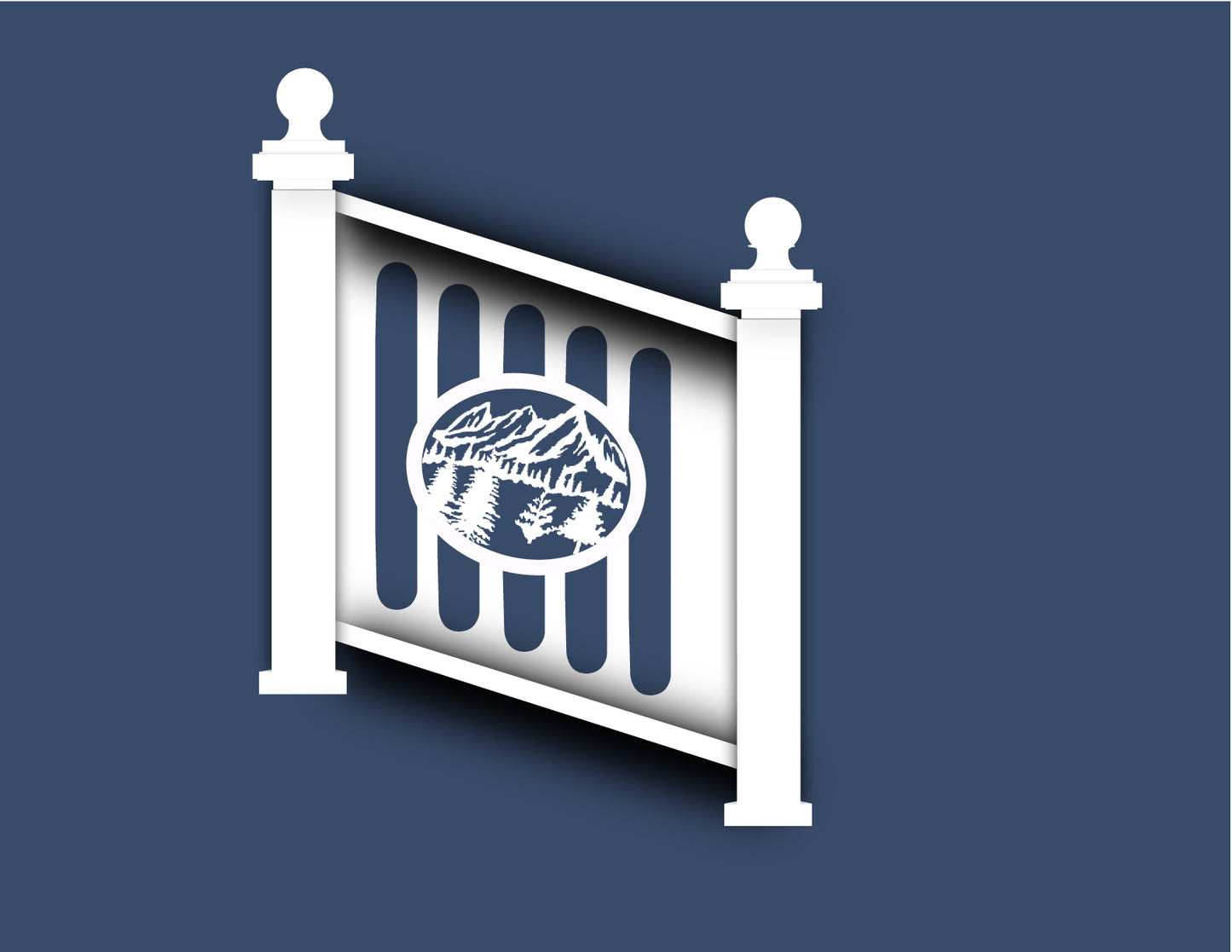 White Aluminum Railing & Cut Out Laser Panel Mountain Scene