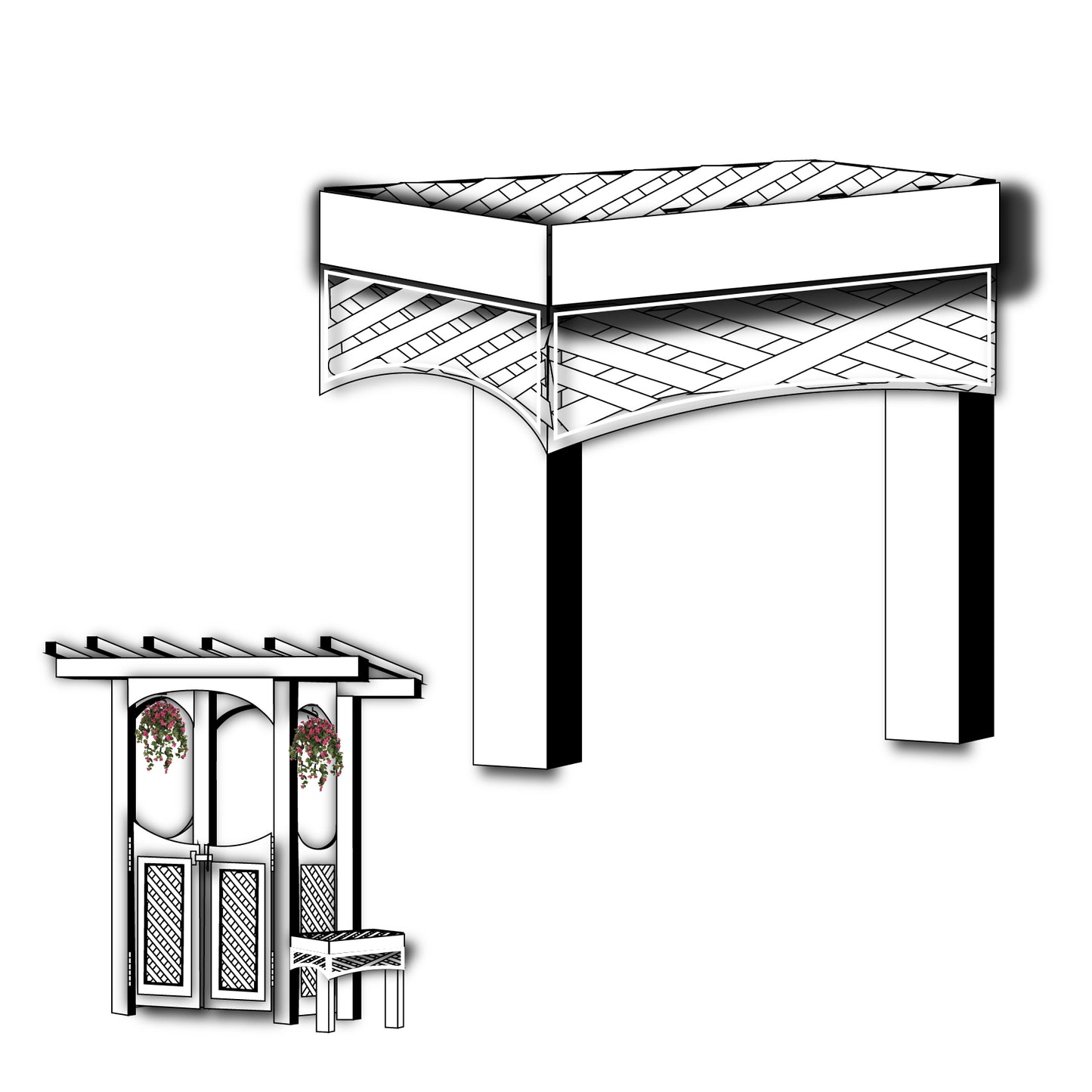 18" Height x 26 Width x 16" Depth - Ornamental Arbor Bench, With Cut Out Laser Lattice Panel (Optional For Arbor)