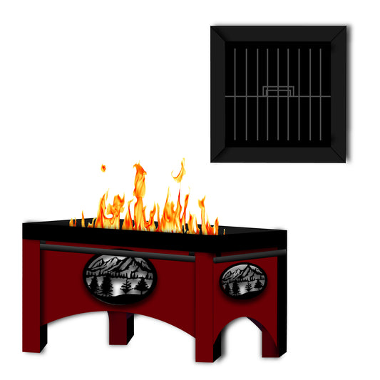 24" Height x 36" Width  x 36" Depth - Ornamental Fire Pit & Grill With Cut Out Laser Mountain Picture Panel