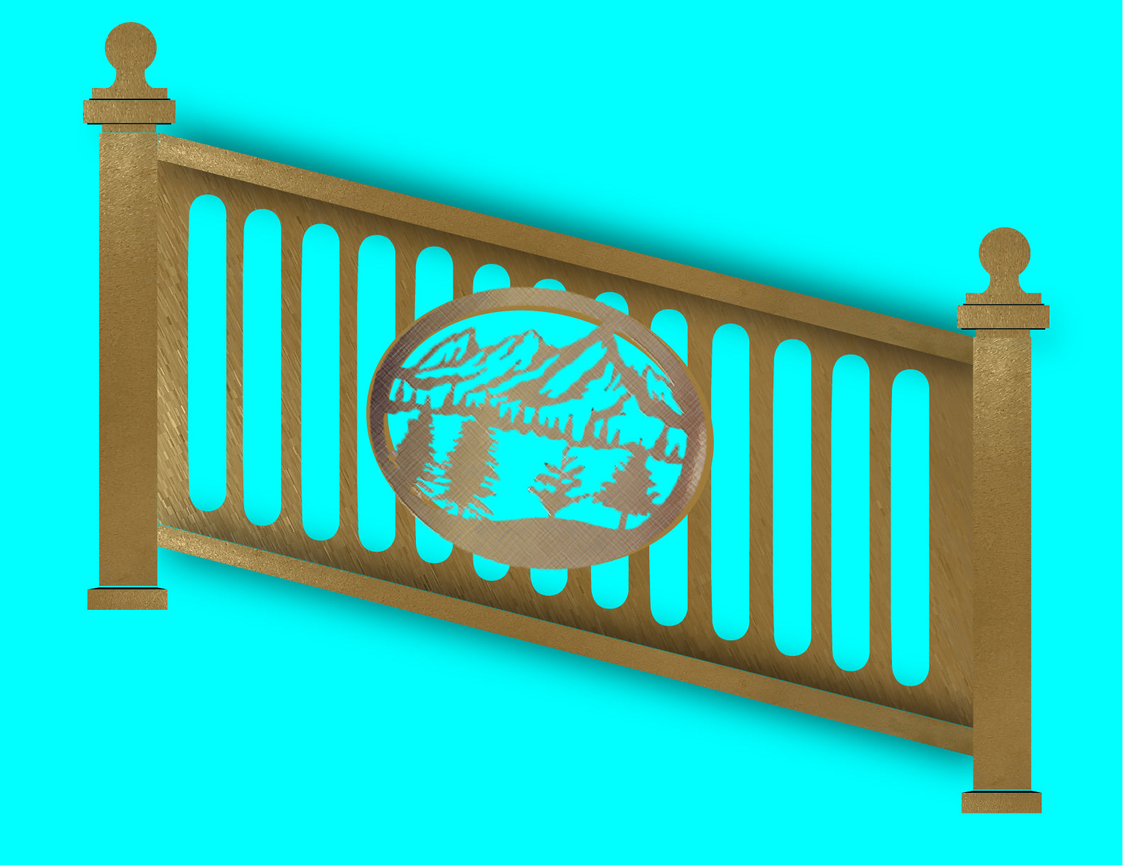 Bronze 36"Height x 72" Width- (Stair) Aluminum Railing & Cut Out Laser Panel (Mountain Scene)