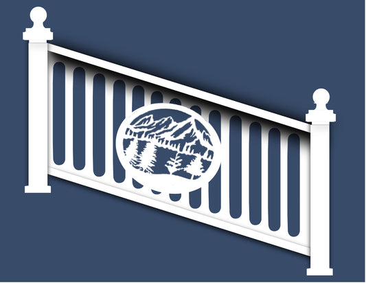 White 36"Height x 72" Width- (Stair) Aluminum Railing & Cut Out Laser Panel (Mountain Scene)